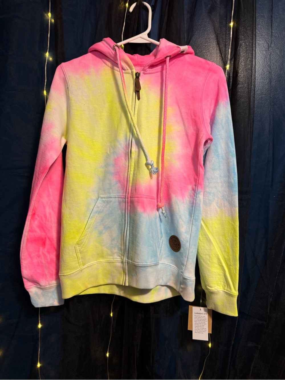 Tie-Dye Zip Hoodie with Hood and Pockets - Pink, Yellow & Light Blue